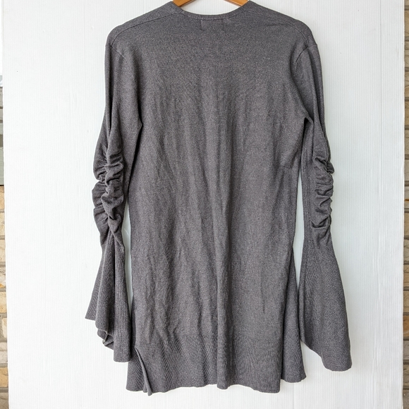 HINGE bell sleeve open front longline gray cardigan sweater - Picture 4 of 11